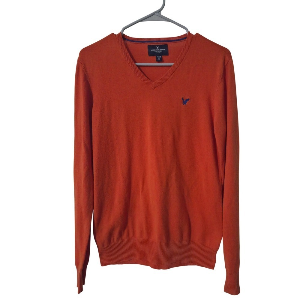 American Eagle Outfitters Men's Orange V-Neck Cotton Sweater XS
